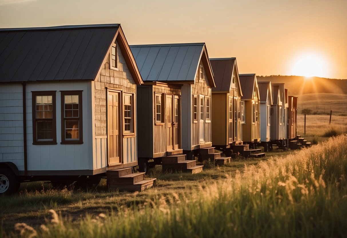 A row of tiny houses sits nestled in the Oklahoma countryside, surrounded by rolling hills and tall grass. The sun sets behind them, casting a warm glow over the quaint homes