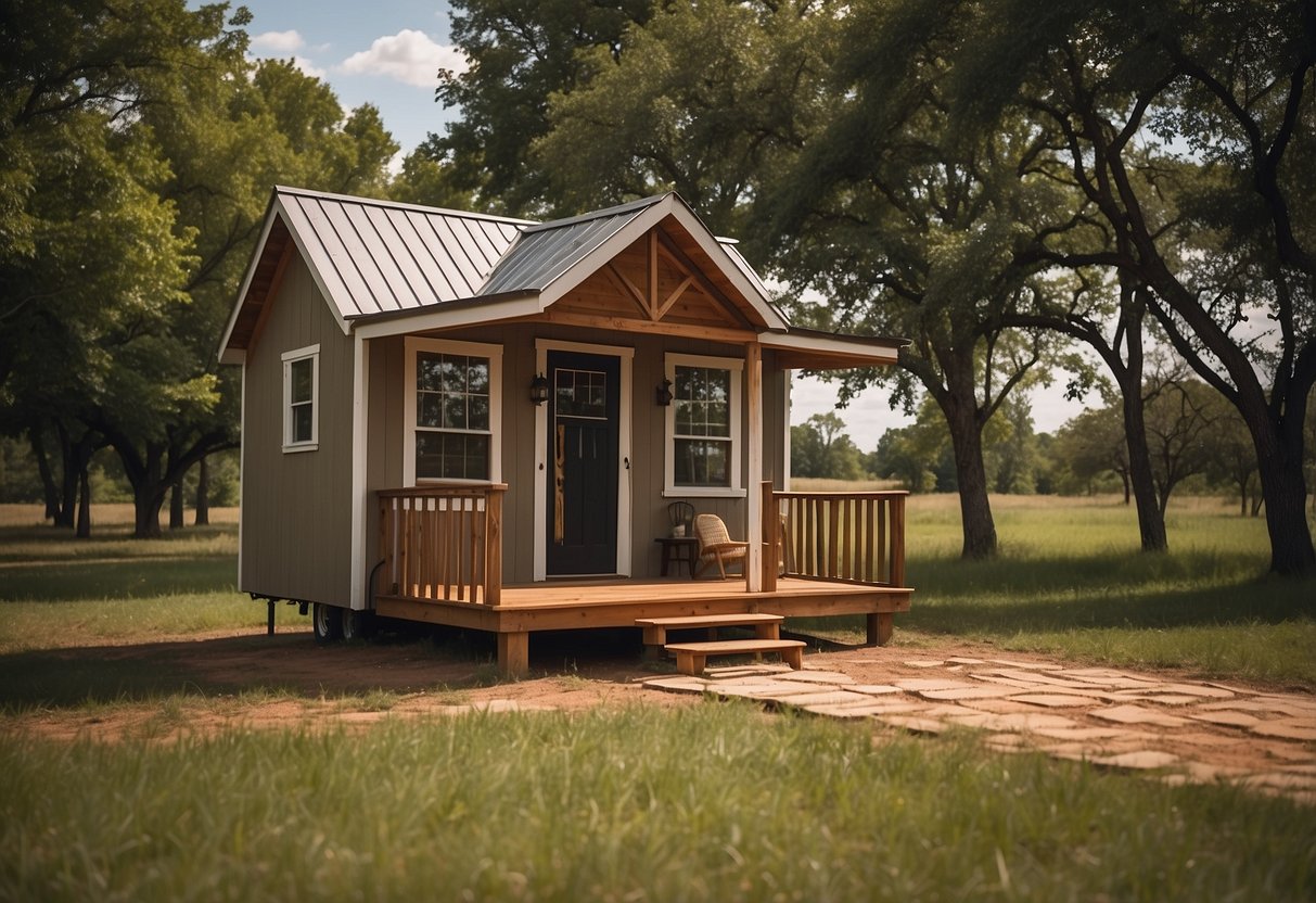 A tiny house sits on a spacious plot of land in Oklahoma, surrounded by clear zoning signs indicating its legality