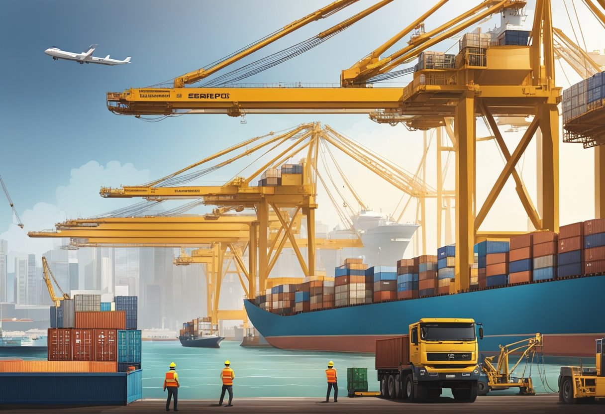 A cargo ship unloading at the PSA Singapore port, with cranes lifting containers onto the dock, and a bustling waterfront in the background