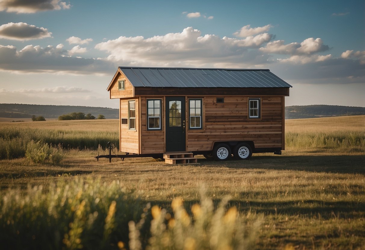 A small, quaint tiny house sits in the Oklahoma countryside, surrounded by rolling hills and open fields