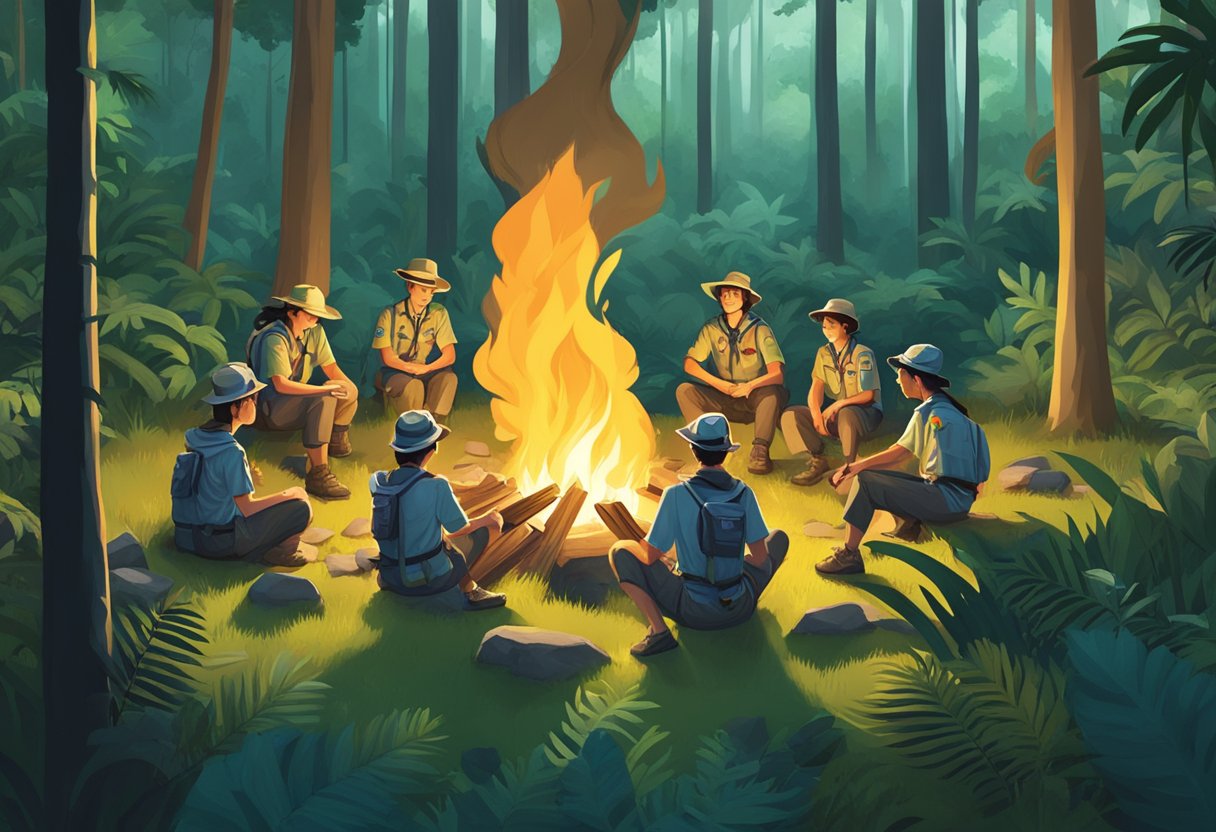 A group of scouts gather around a campfire in a lush Singaporean forest, surrounded by tall trees and exotic wildlife