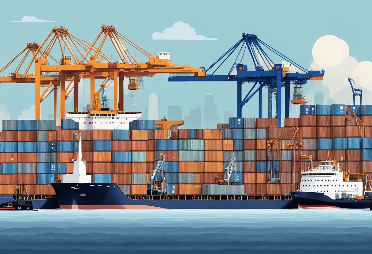 PSA Singapore: bustling port with towering cranes, busy ships, and containers being loaded onto massive vessels