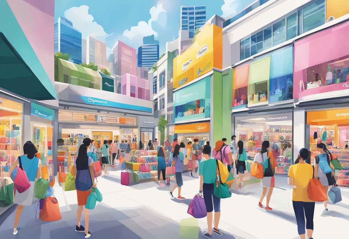 Colorful LeSportsac store in Singapore, with vibrant bags and accessories on display, surrounded by bustling shoppers and cityscape