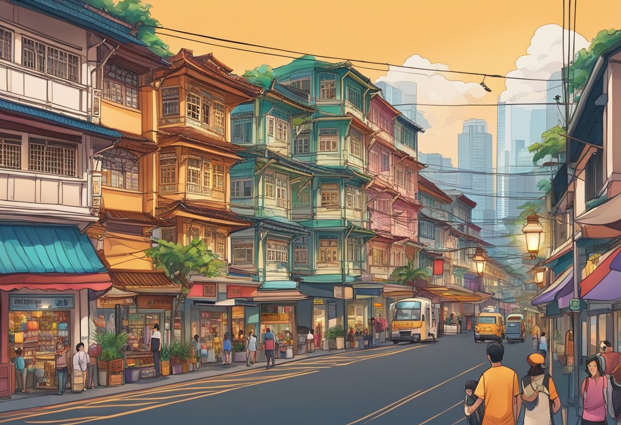 Colorful shophouses line the bustling streets of Geylang, Singapore. Lanterns hang overhead, casting a warm glow on the vibrant storefronts and bustling activity below