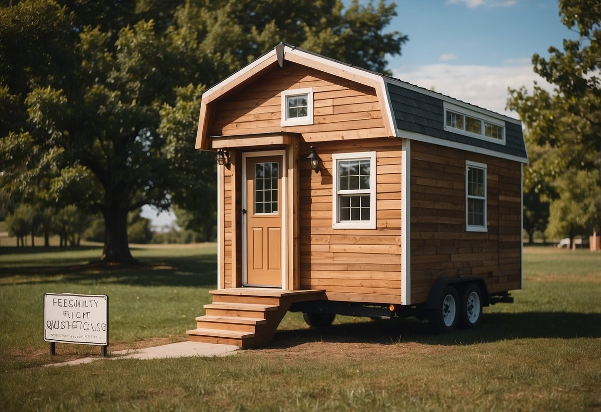 A tiny house sits on a grassy lot in Oklahoma, surrounded by trees. A sign with the words "Frequently Asked Questions" is posted nearby