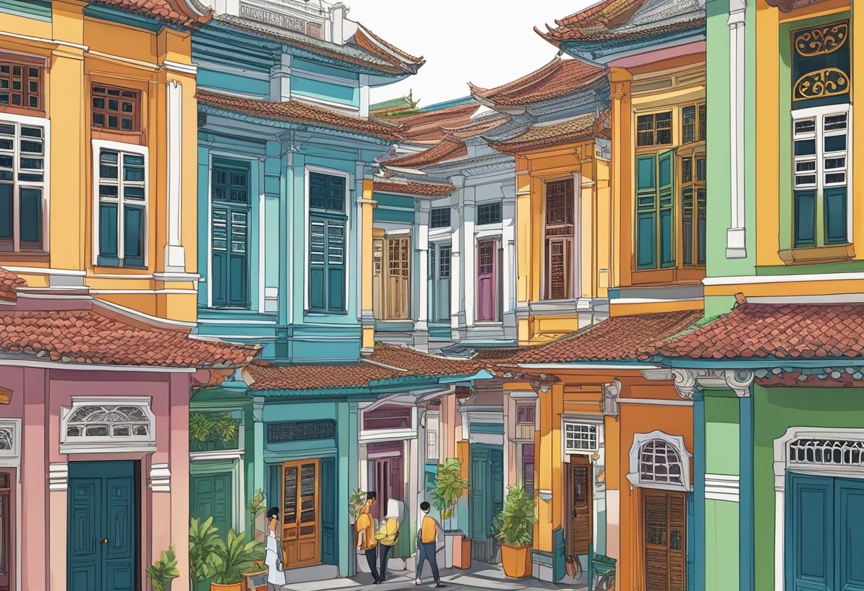 Colorful shophouses line the bustling streets, adorned with intricate Peranakan designs. The aroma of spicy cuisine fills the air as traditional music drifts from open doorways. A mix of old and new, Geylang exudes cultural and