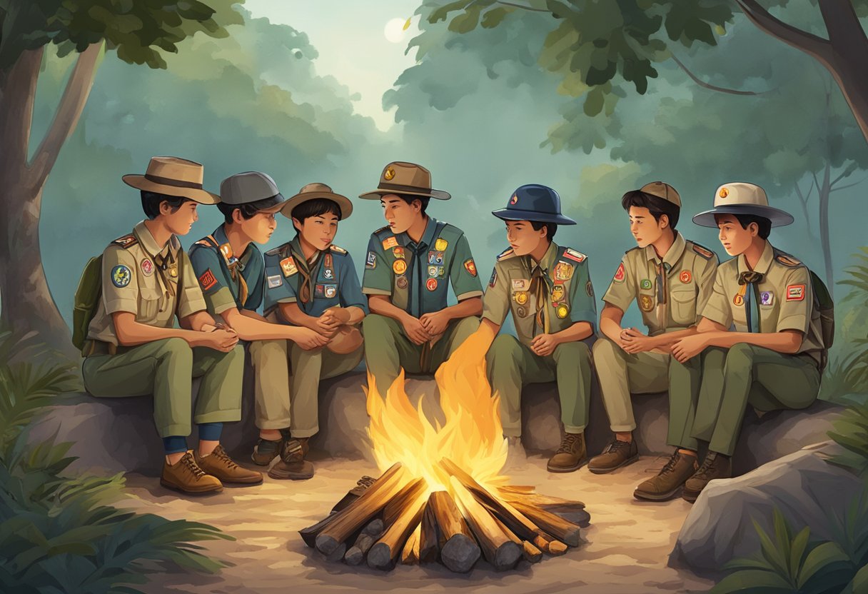 Scouts in Singapore gather around a campfire, displaying badges and uniforms from different eras, symbolizing the history and evolution of scouting in the country