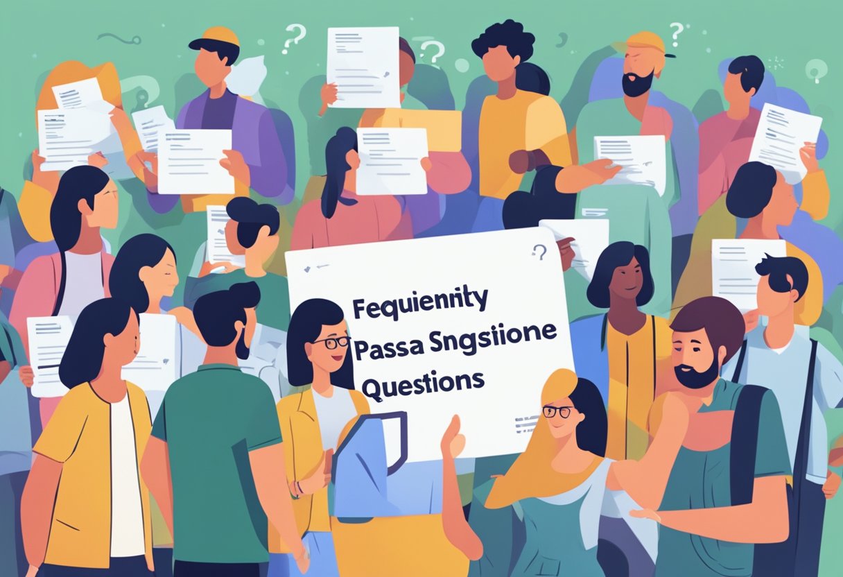 A stack of question cards with "Frequently Asked Questions PSA Singapore" printed on them, surrounded by a diverse group of people looking curious and engaged