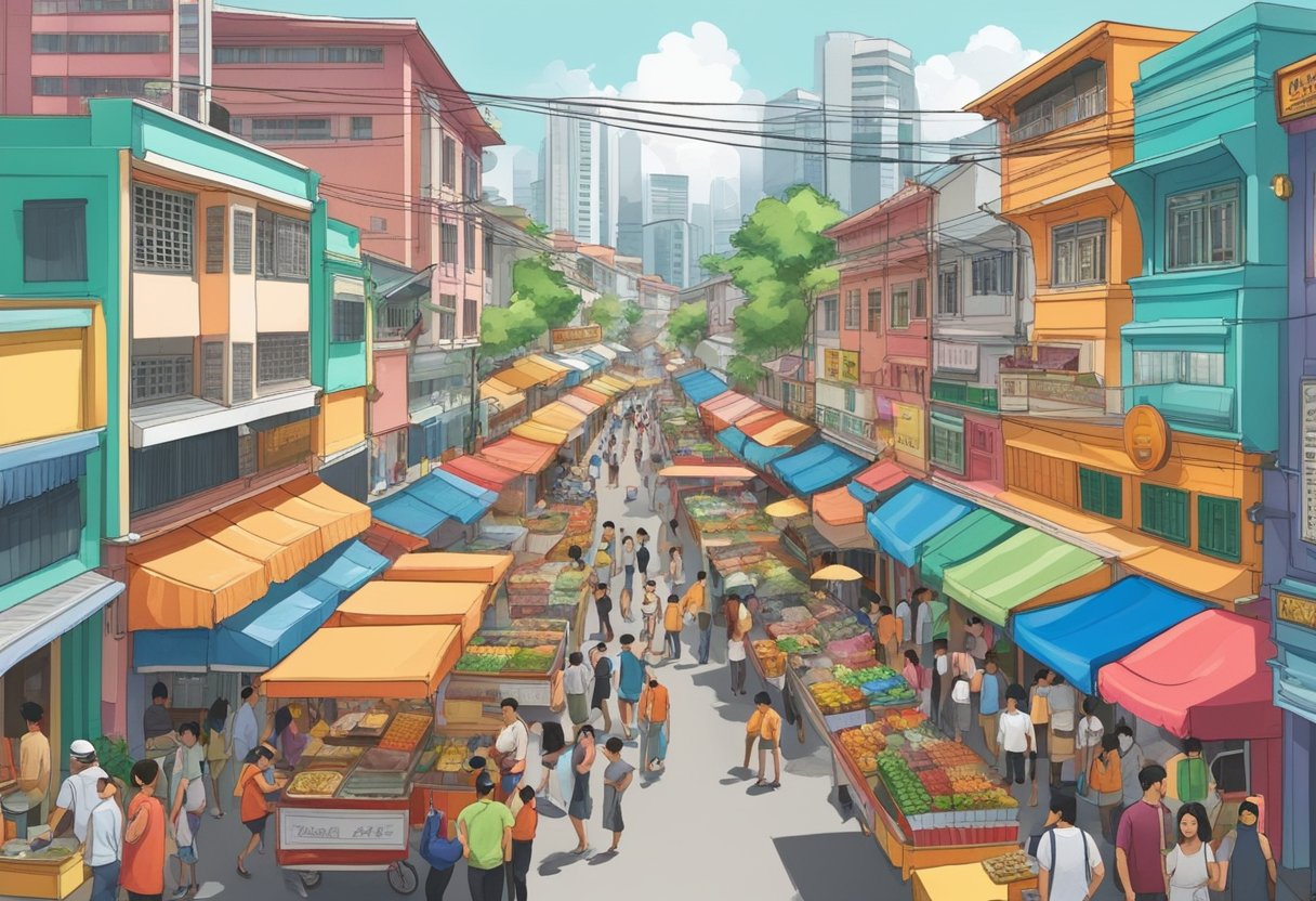 A bustling street in Geylang, Singapore, filled with colorful food stalls and lively bars, with the aroma of delicious dishes and the sounds of laughter and music filling the air