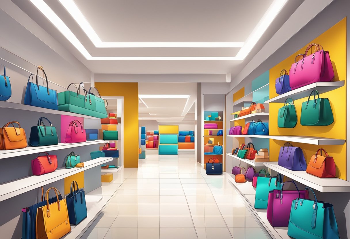 Vibrant bags and accessories displayed in a modern store setting with bright lighting and clean lines