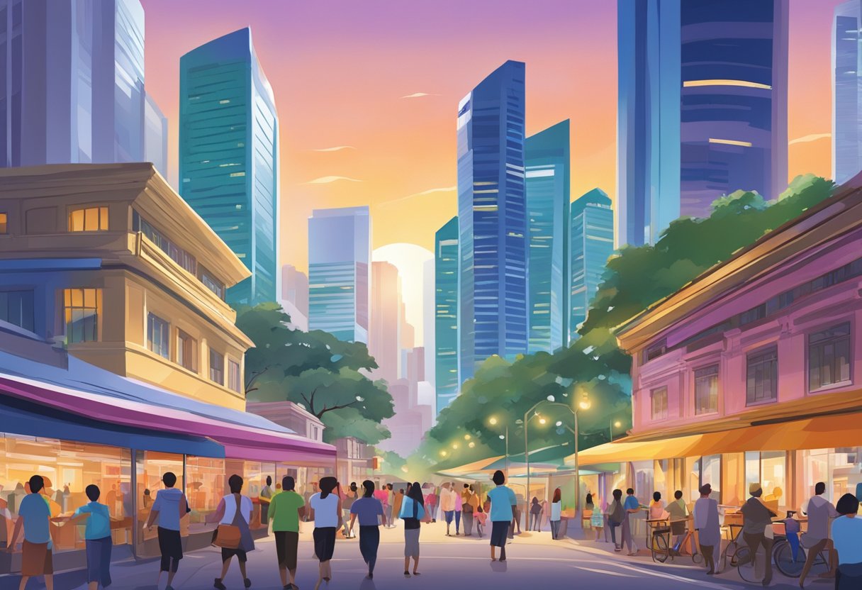 A bustling city scene with modern buildings, bustling streets, and vibrant colors capturing the energy and diversity of Singapore