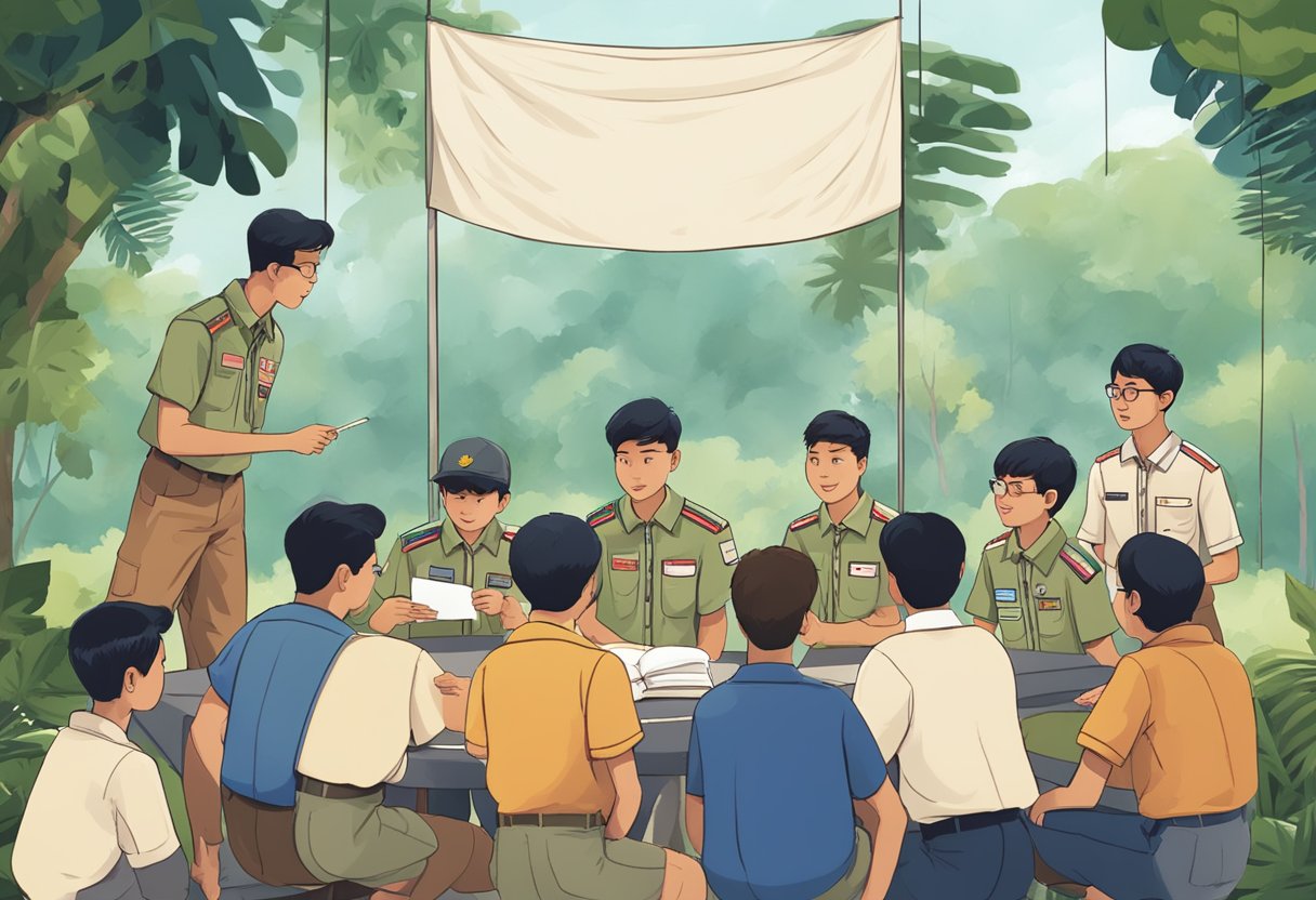 A group of scouts in Singapore gather around a banner labeled "Frequently Asked Questions," engaged in discussion and learning