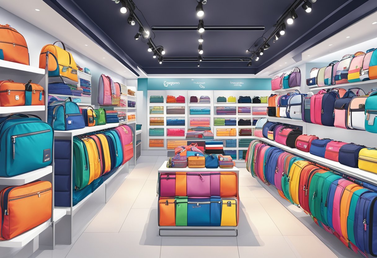 A vibrant display of Lesportsac products in a Singaporean boutique, featuring prominent brand logos and collaborative designs with other fashion labels