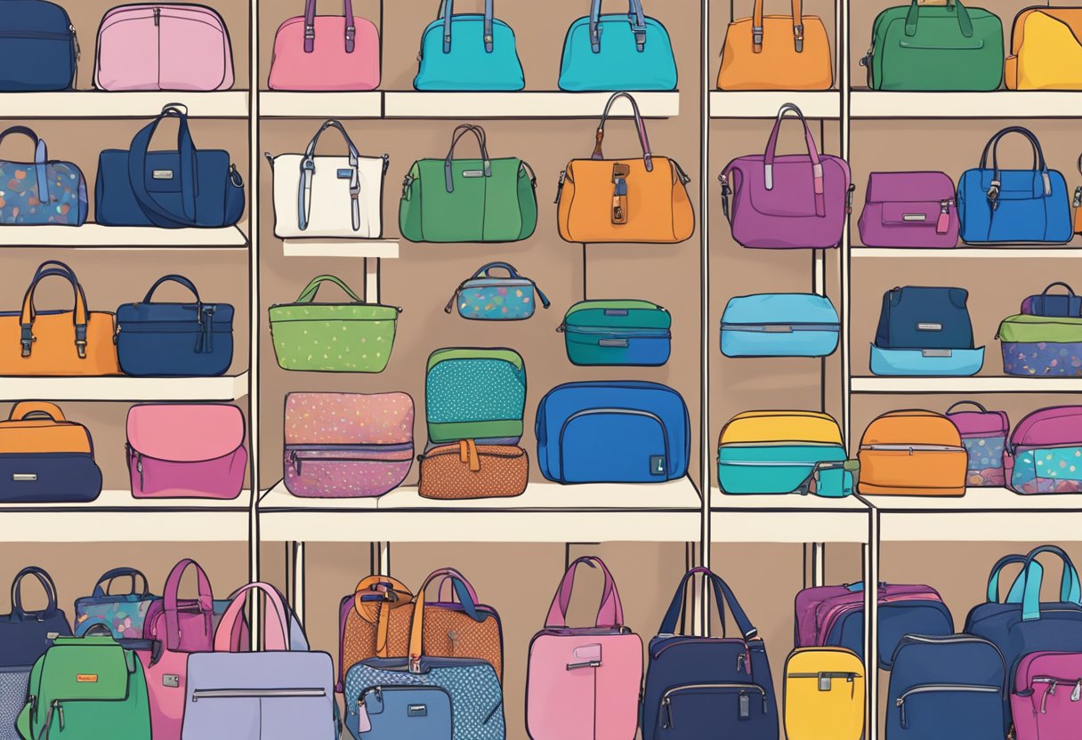 A colorful display of Lesportsac bags and accessories with a "Frequently Asked Questions" sign in a Singapore store