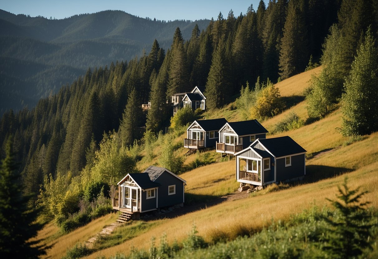 Tiny houses dot a lush Oregon landscape, nestled among towering trees and rolling hills, with a clear blue sky overhead