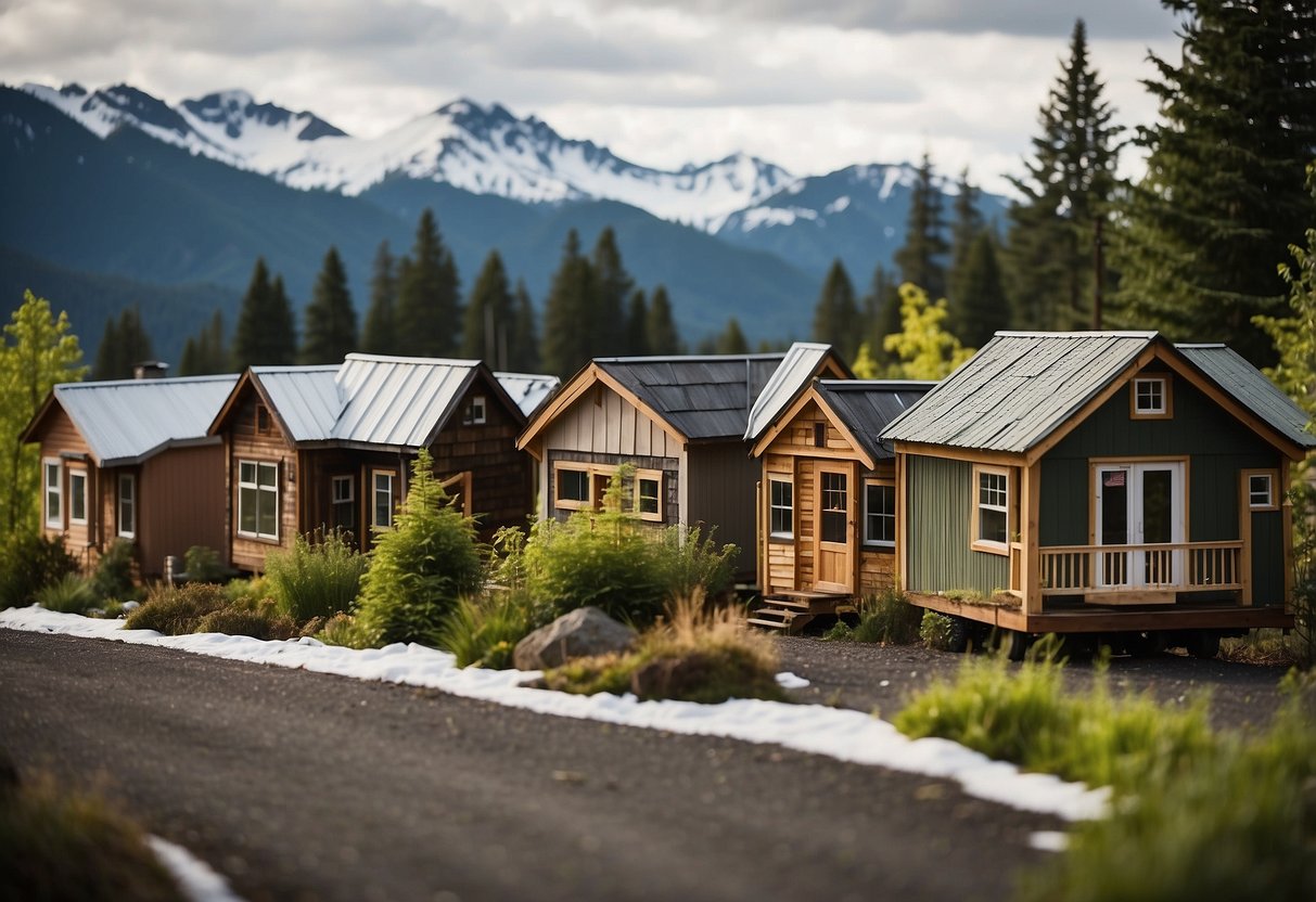 Tiny houses nestled among lush green trees, with a backdrop of snow-capped mountains. A sign with "Oregon Zoning Regulations" stands prominently in the foreground