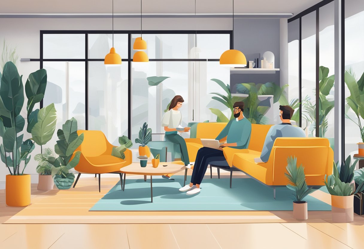Customers browsing modern furniture at HipVan, with bright displays and trendy decor. Vibrant atmosphere with sleek designs and stylish home accessories