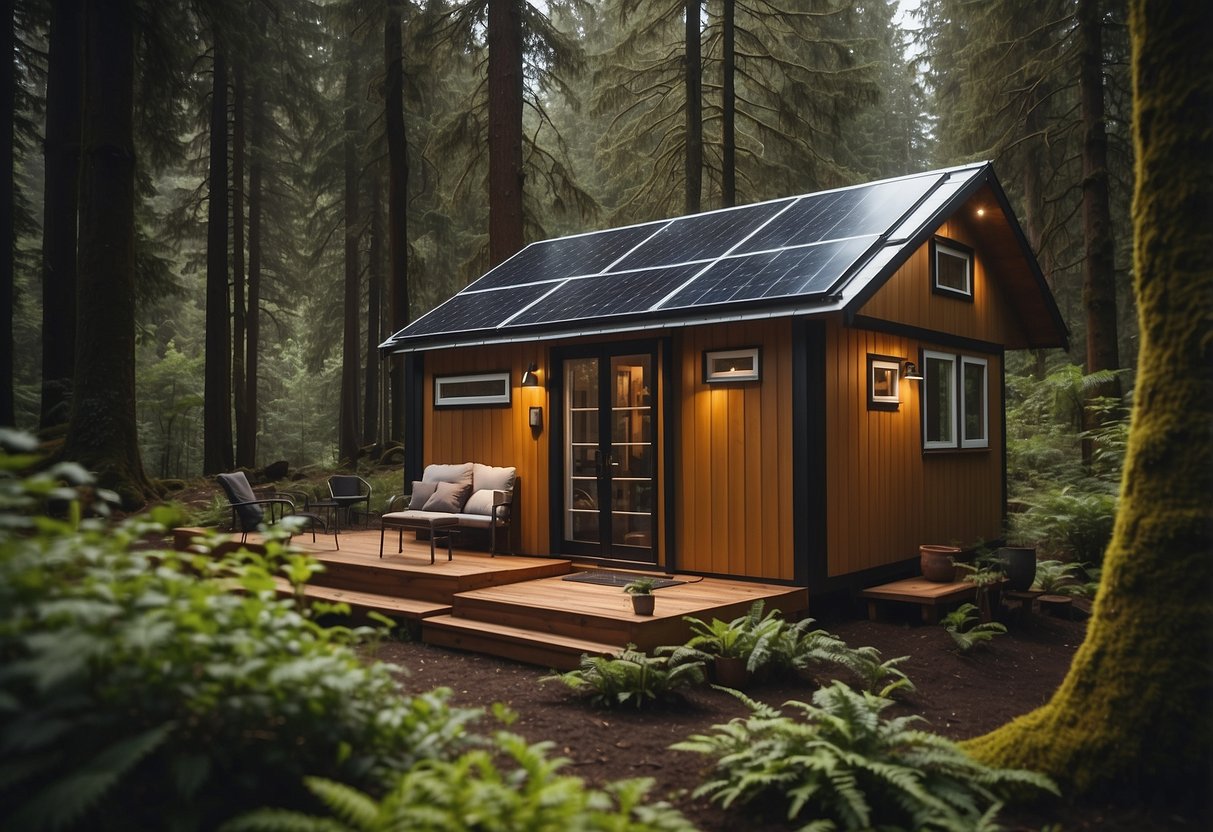 A cozy tiny house nestled in a lush Oregon forest, with a small garden and solar panels on the roof