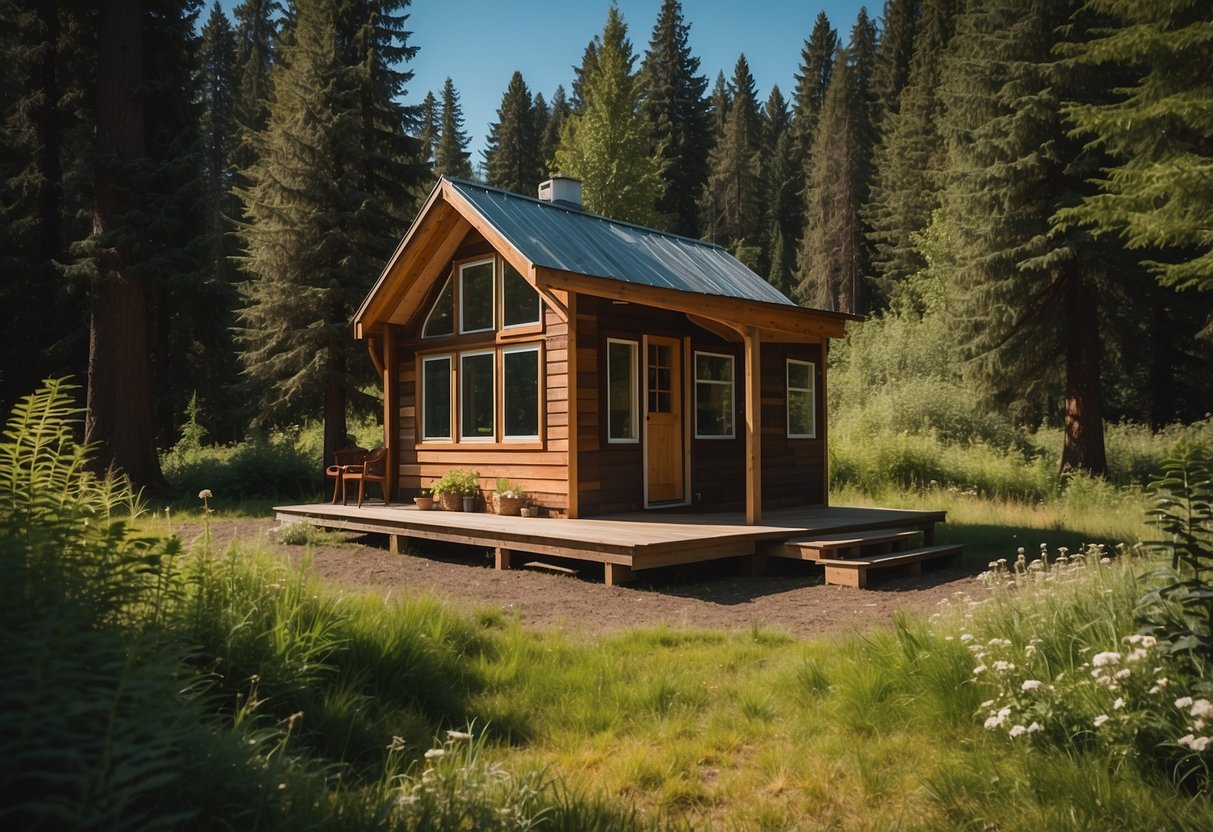 A tiny house nestled in a lush Oregon landscape, surrounded by towering trees and a clear blue sky