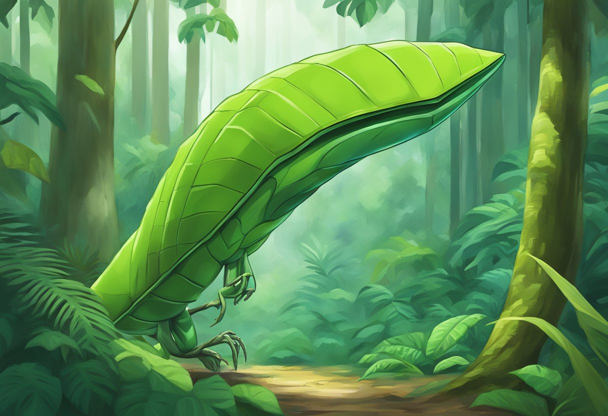 A Metapod perched on a branch in a lush Singaporean forest, surrounded by vibrant greenery and the sounds of nature