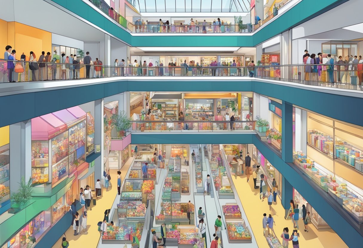 A bustling Singapore atrium sale with colorful displays and enthusiastic shoppers browsing through discounted merchandise