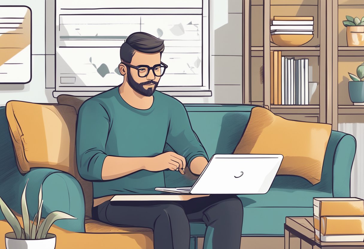 A customer browsing through a list of frequently asked questions on a laptop, with a cup of coffee and a comfortable sofa in the background