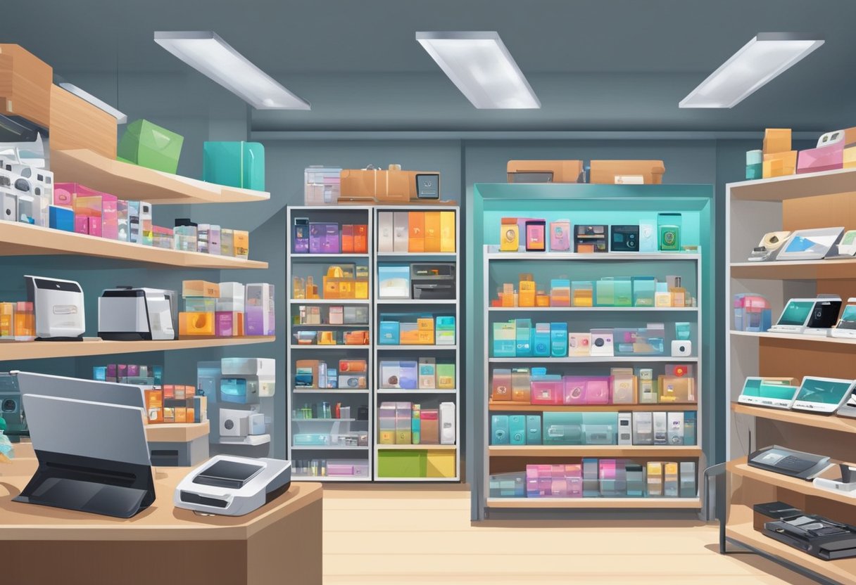 Various electronic gadgets and accessories are neatly displayed on sleek shelves in a modern store in Singapore