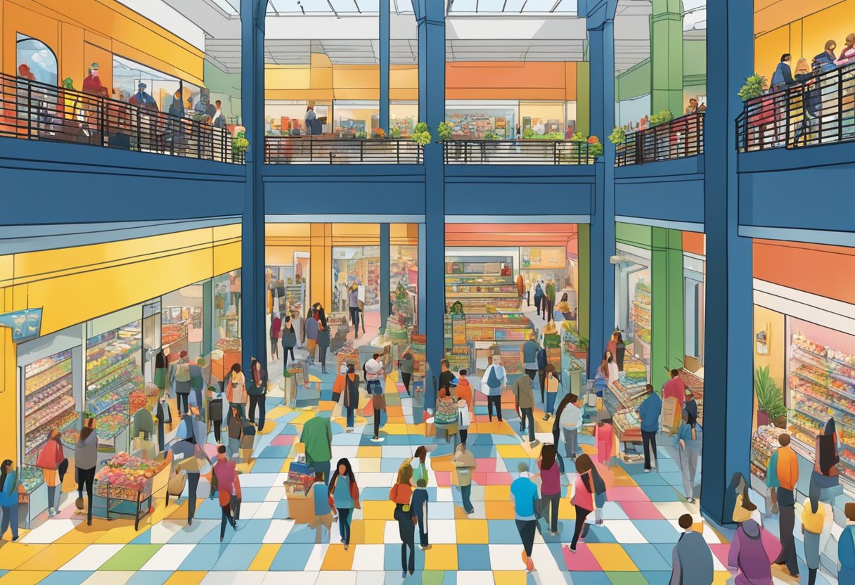 A bustling atrium filled with colorful displays of discounted merchandise, eager shoppers browsing through racks and tables, and vendors promoting their products with lively enthusiasm