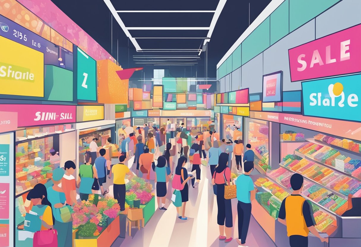 Crowds browsing colorful booths at a bustling atrium sale in Singapore. Bright signs and discounted products create a vibrant, lively atmosphere