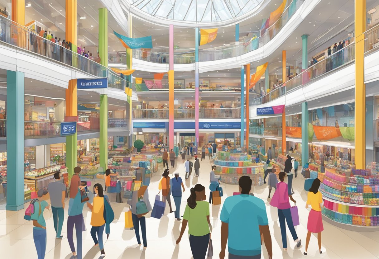 A bustling atrium with colorful banners, crowded with shoppers browsing through discounted items. Display tables and racks are filled with merchandise, while staff members assist customers with inquiries