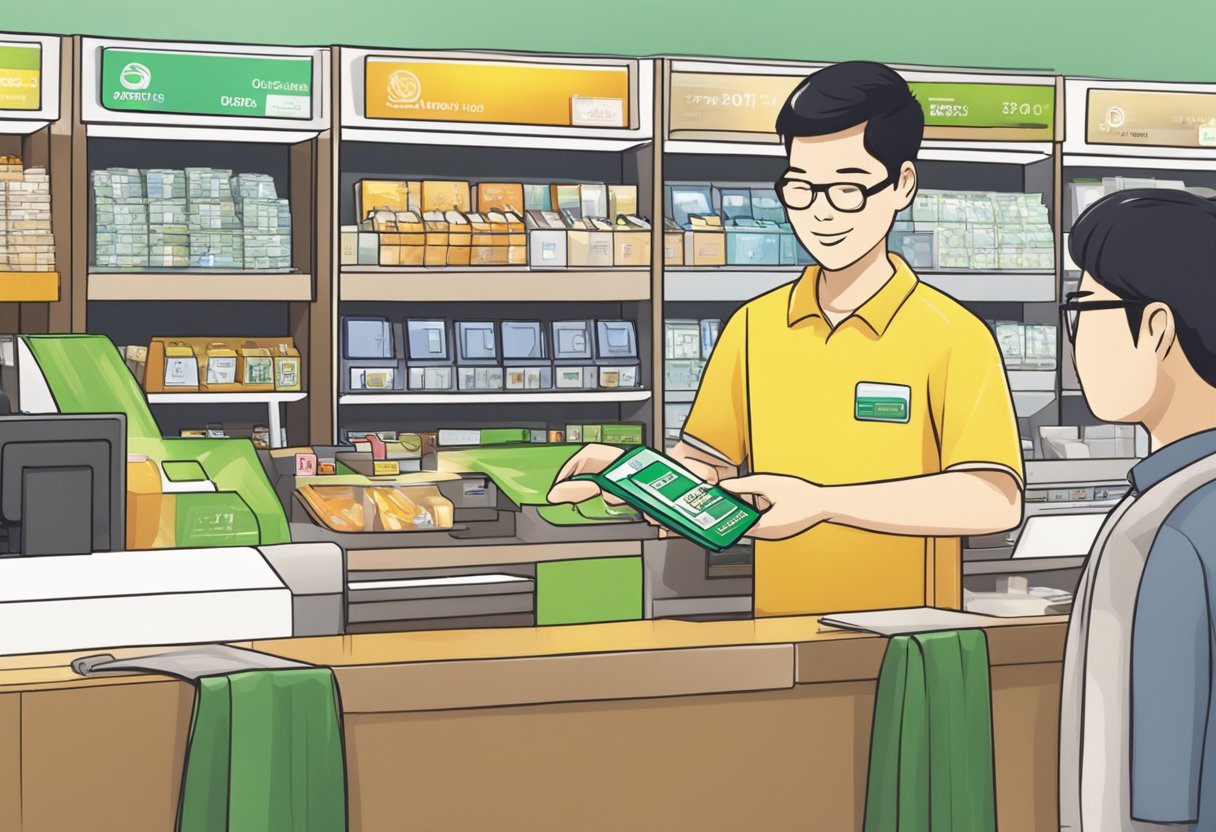 A customer swipes a credit card at a Metapod store in Singapore. The cashier hands over a receipt
