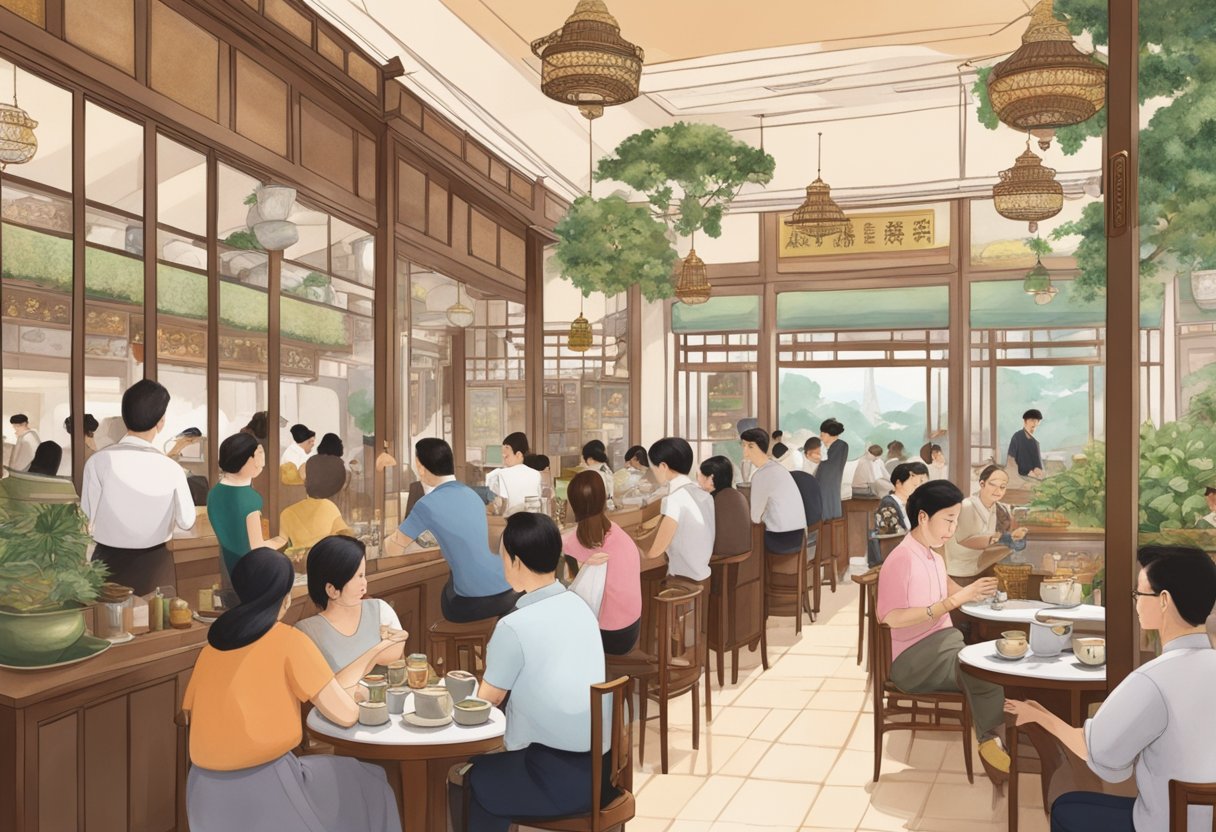 A bustling teahouse in Singapore, with elegant decor and customers savoring fragrant tea blends from around the world