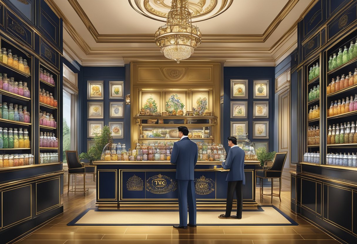 Customers savoring TWG Tea's vast selection of aromatic teas and luxurious tea accessories in a sophisticated, upscale setting