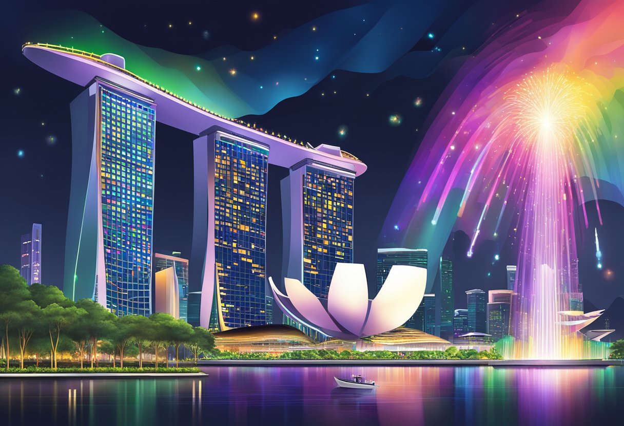 The Singapore light show dazzles with vibrant colors, dancing beams, and synchronized music, illuminating the city skyline