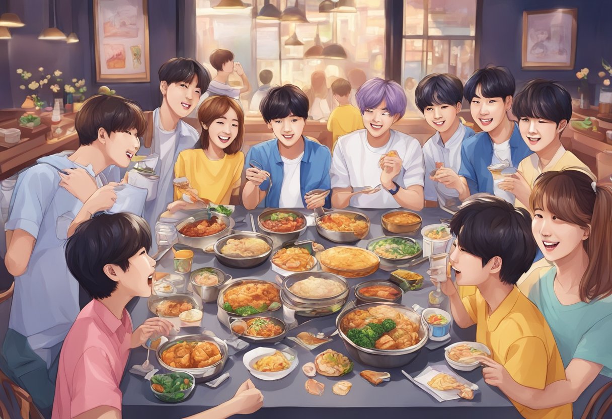A table set with bts-themed meal items, surrounded by excited fans in a bustling Singapore restaurant