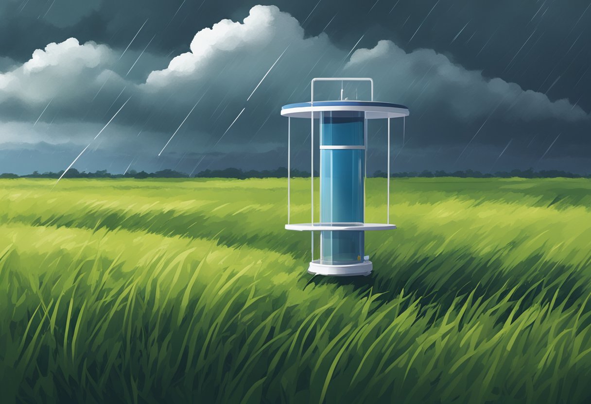 A rain gauge sits atop a grassy field, collecting data for NEA's rain monitoring in Singapore. Dark clouds loom in the sky, signaling an impending downpour