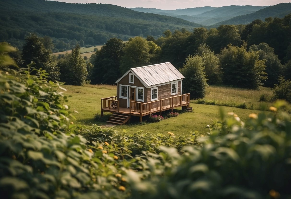 A tiny house sits nestled in the Pennsylvania countryside, surrounded by lush greenery and rolling hills