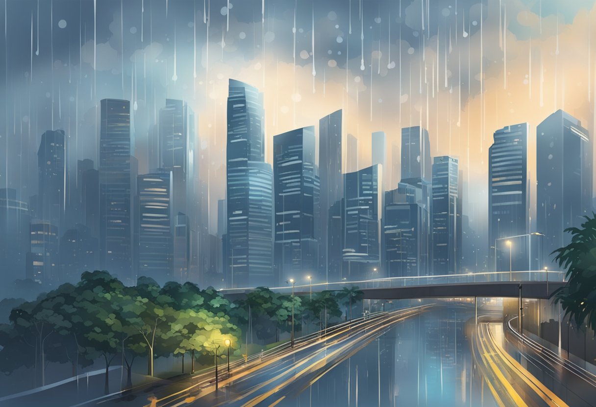 The rain pours down on the urban landscape of Singapore, creating shimmering reflections on the wet streets and casting a hazy veil over the city skyline