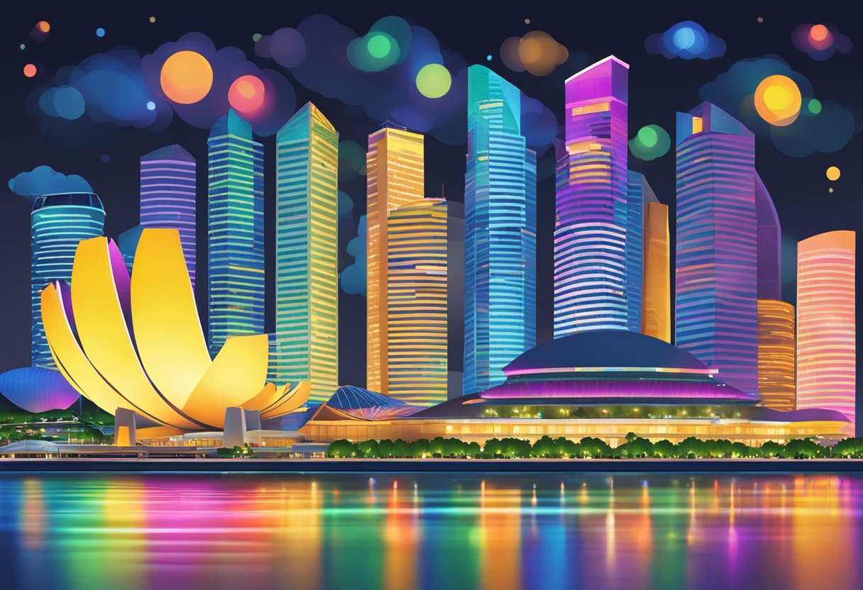 Vibrant lights dance across Singapore's skyline, reflecting off the waters of Marina Bay. The city's iconic landmarks are illuminated in a mesmerizing display of color and movement, creating a stunning visual spectacle