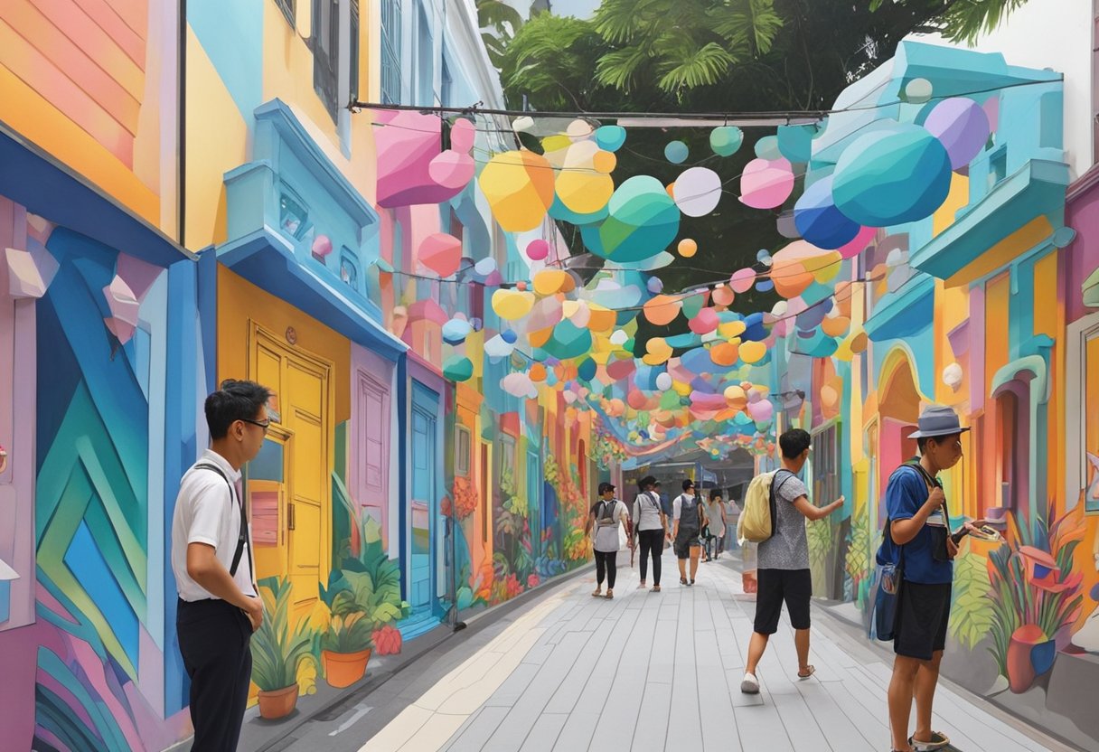 Vibrant art installations fill a bustling street during Singapore Art Week. Colorful murals and sculptures line the sidewalks, while visitors admire the creativity on display
