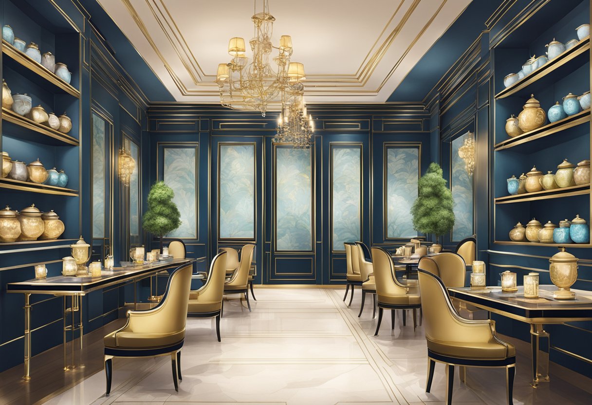 A serene TWG Tea Salon in Singapore, with elegant decor and shelves lined with luxurious tea canisters