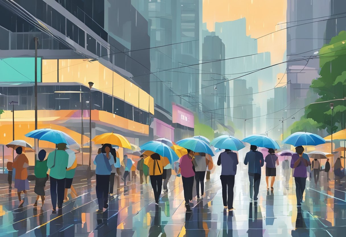 Rain falls on a bustling street in Singapore, with people carrying umbrellas and navigating through the wet, reflective pavement