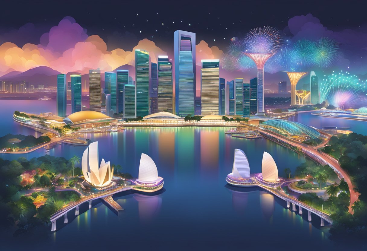 Vibrant lights illuminate iconic Singapore landmarks, showcasing cultural and seasonal highlights in a mesmerizing light show