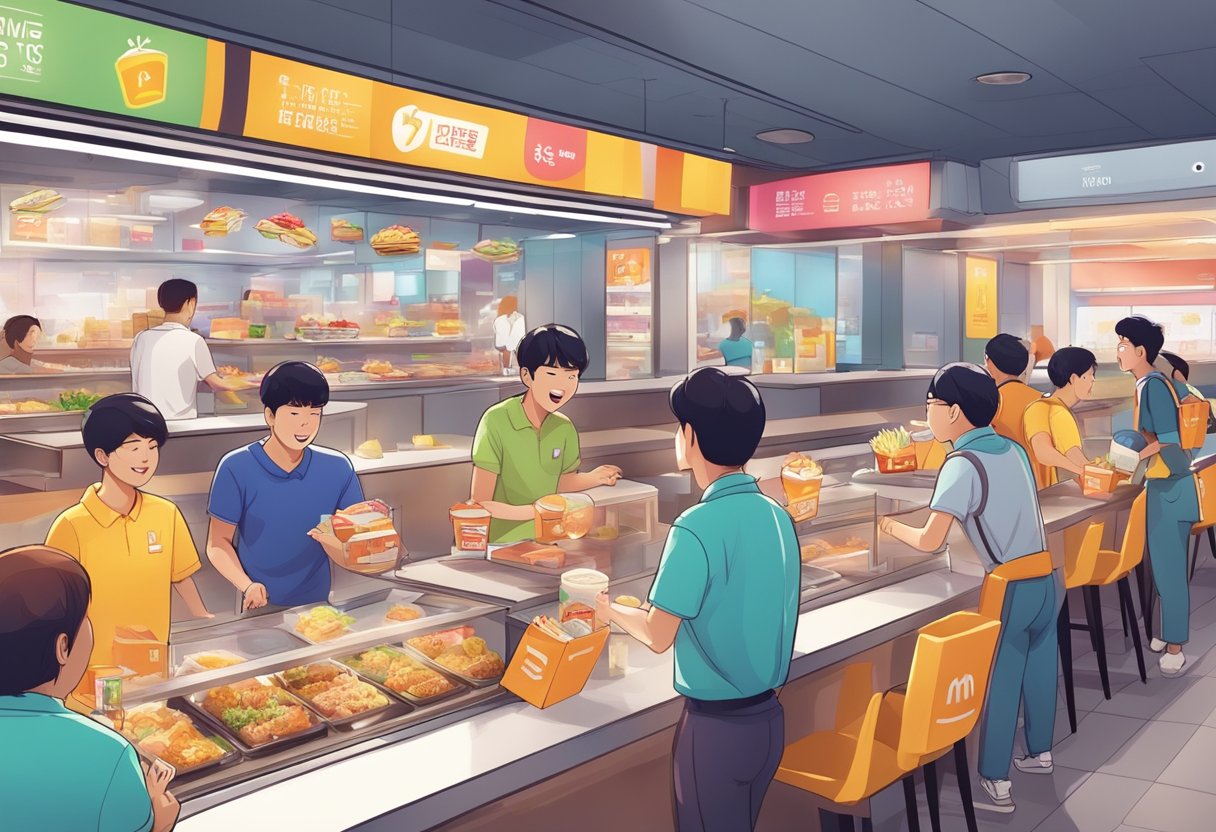 Customers ordering BTS meal at a bustling Singapore McDonald's, surrounded by colorful packaging and excited chatter