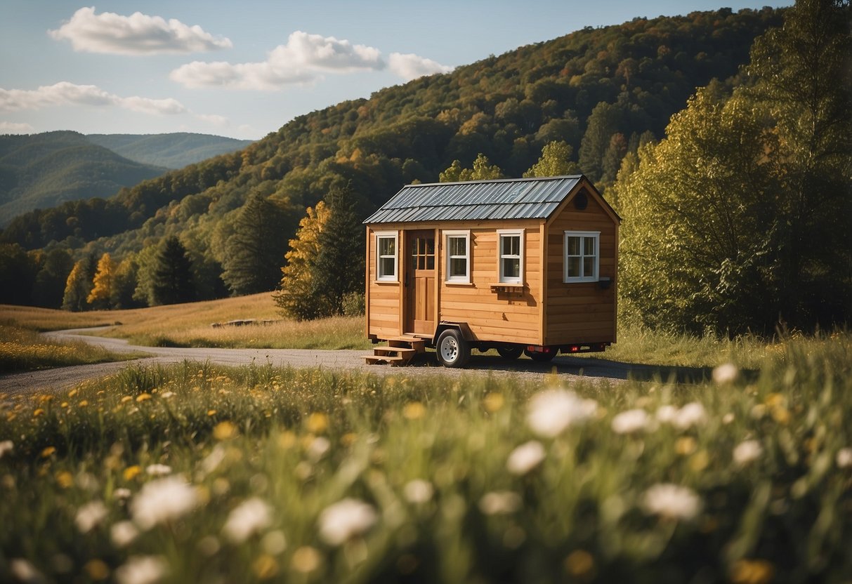 A tiny house nestled in a scenic Pennsylvania landscape, with a sign reading "Frequently Asked Questions: Are Tiny Houses Legal in Pennsylvania?" displayed prominently