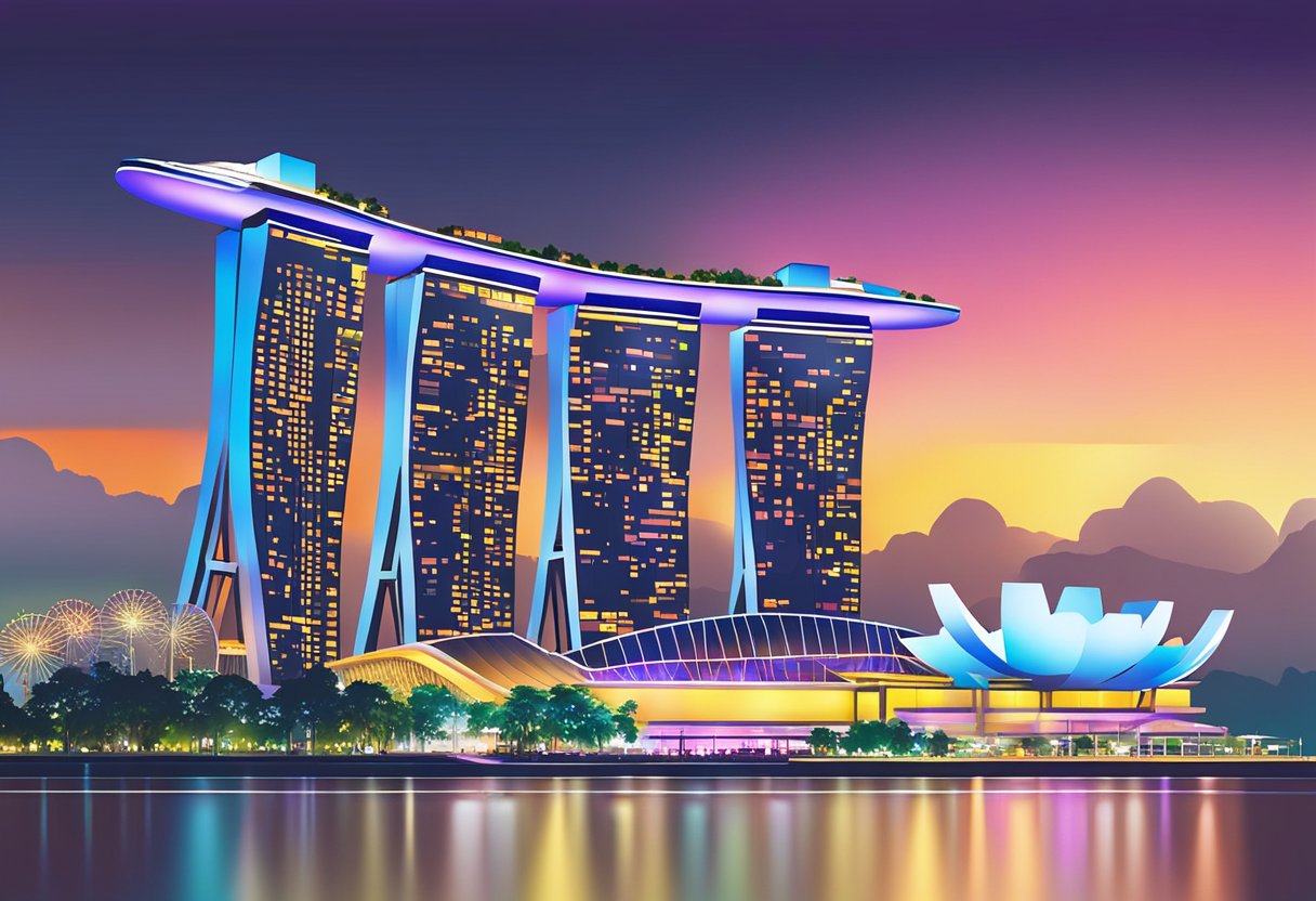 The Singapore light show illuminates the city skyline with vibrant colors and patterns, captivating audiences with its mesmerizing display