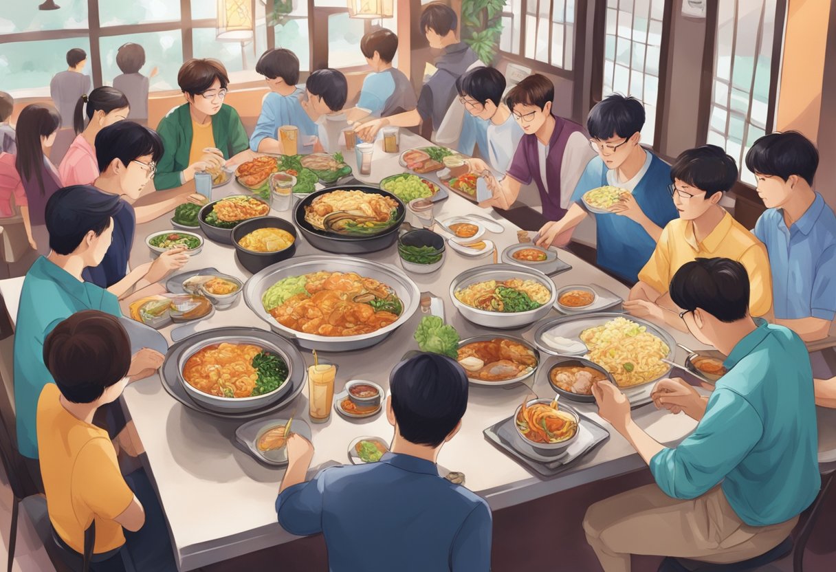 A table set with bts meal items, surrounded by eager customers in a bustling Singaporean restaurant