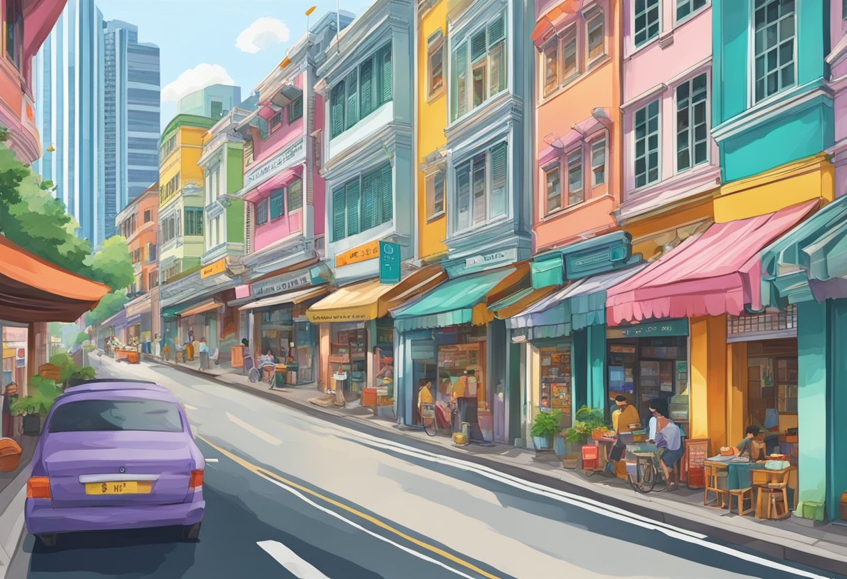A bustling street in Singapore, with colorful shop houses and vibrant signs lining the road