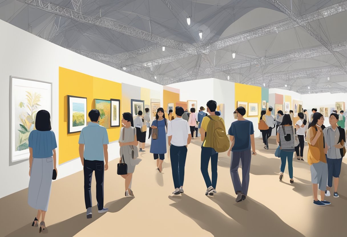 A bustling art exhibition with diverse artworks and visitors at Singapore Art Week