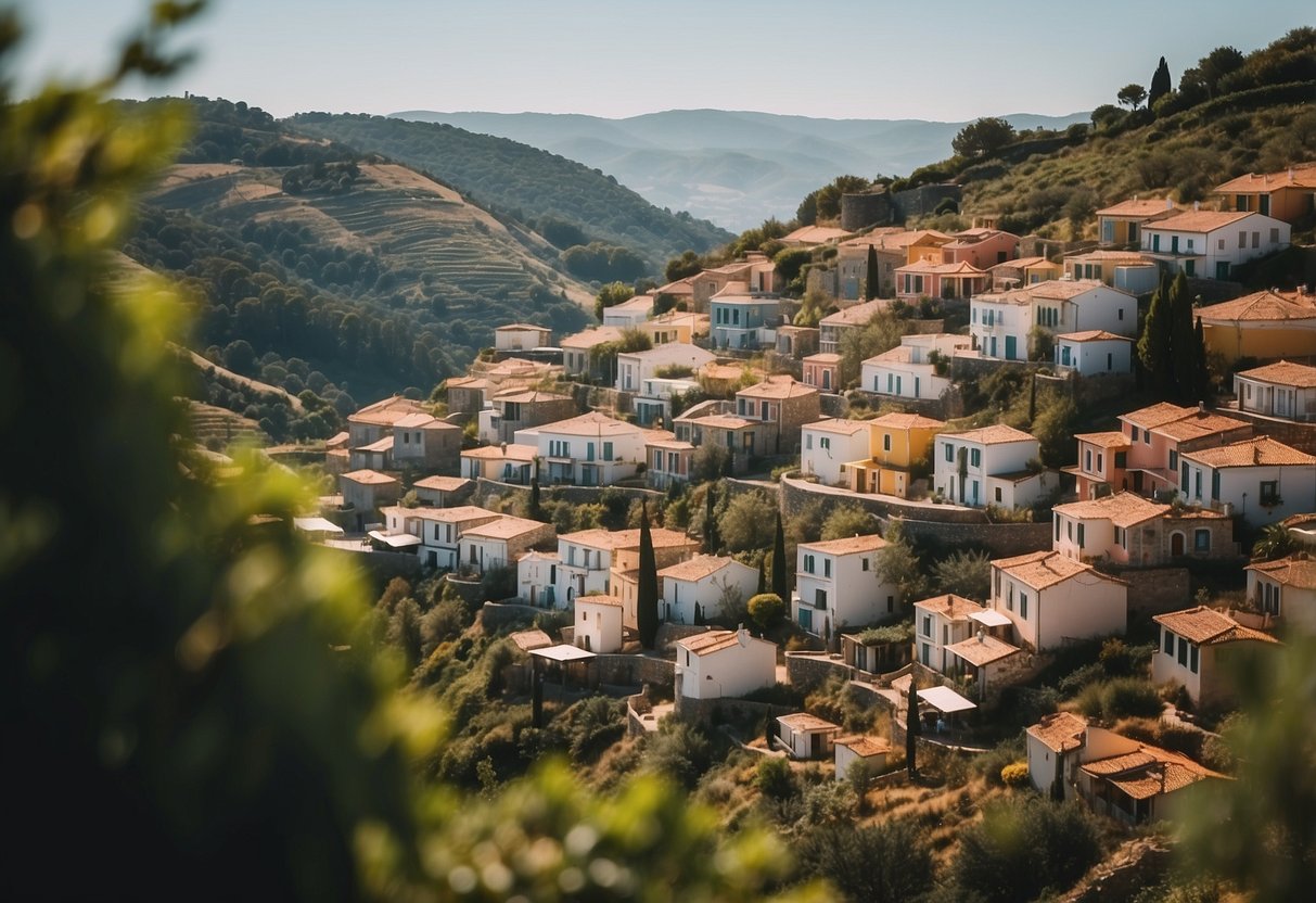 A quaint village in Portugal with small, colorful houses clustered together, surrounded by rolling hills and lush greenery